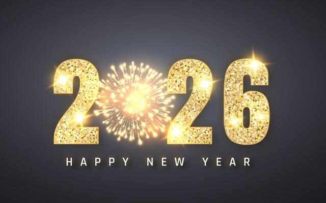 New Year 2026 Fireworks Celebration With Sparkling Golden Numbers And Dark Background. Festive Holiday Greeting Card Design. Illustration