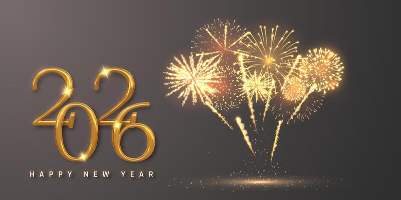 Golden 2026 Happy New Year Text with Bright Fireworks on Dark Background. Festive Night Celebration and Sparkling Light Show for Holiday Events. Illustration