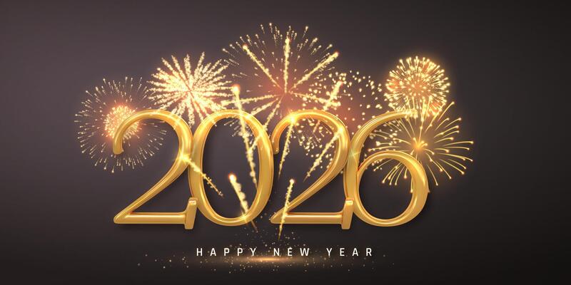 Golden 2026 New Year Text with Glowing Fireworks in Dark Sky. Festive Celebration, Luxury Style Design, Perfect for Holiday Greeting Cards and Posters. Illustration