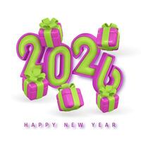 2026 Happy New Year Design With Bold 3D Numbers And Colorful Gift Boxes In Pink And Green, Festive Cartoon Style On White Background For Celebration And Greeting. Illustration vector