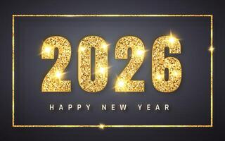 Gold Glitter 2026 Happy New Year Text With Shiny Sparkles And Dark Luxury Background, Perfect For Holiday Cards, Invitations, And Event Banners. High-Quality Illustration vector