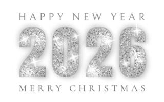 Silver 2026 New Year Celebration With Sparkling Glitter Numbers, Confetti, and Light Effects on Elegant Dark Background. Illustration vector