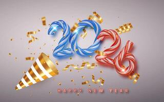 Colorful 2026 Candy Cane Numbers With Gold Confetti, Party Popper, And Happy New Year Text On Gradient Background For Festive Holiday Designs. Illustration vector