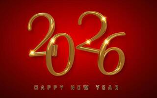 Golden 2026 New Year Text on Elegant Red Background with Glossy 3D Numbers and Sparkles. Luxury Holiday Celebration Design for Seasonal Use. Illustration vector