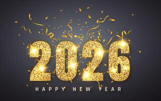 Glittering 2026 New Year Celebration Background With Gold Confetti and Sparkling Numbers on Dark Backdrop. Perfect for Holiday Design. Illustration vector