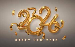 Golden 2026 Happy New Year Text with Shiny Metallic Numbers and Sparkling Confetti on Elegant Background. Perfect for Festive Design and Celebration. Illustration vector