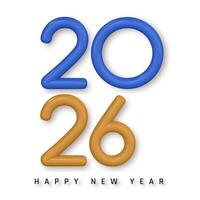 2026 Happy New Year Minimal Design in Bold Blue and Gold 3D Style on White Background. Clean and Modern Holiday Typography for Prints, Banners, and Digital Use. Illustration vector