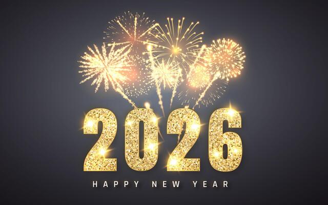 New Year 2026 Celebration With Fireworks And Sparkling Gold Numbers On Dark Background. Festive Holiday Greeting Design. Illustration