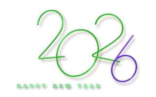 2026 Happy New Year Green and Purple Wire Typography on Clean White Background with Minimalist Glow Style and Drop Shadow for Modern Festive Design. Illustration vector
