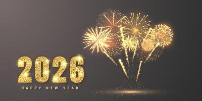 Golden 2026 Happy New Year Text With Sparkling Fireworks on Dark Background. Luxurious Celebration Scene Perfect for Holiday Greeting and Party Invitation. Illustration vector