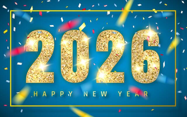 Happy New Year 2026 Celebration with Sparkling Gold Numbers, Confetti, and Blue Background. Festive Party Design for Holiday Events and Greetings. Illustration