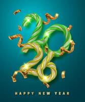 2026 New Year Candy Style Design With Twisted Green And Gold Numbers, Shiny Confetti, And Festive Vibes On Teal Background. Sweet Holiday Greeting Concept. Illustration vector