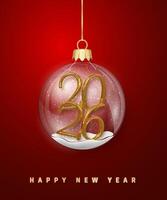 Christmas Ornament With Golden 2026 Numbers Inside Transparent Bauble Hanging On Red Background With Snow And Sparkles. Elegant Holiday Design. Illustration vector