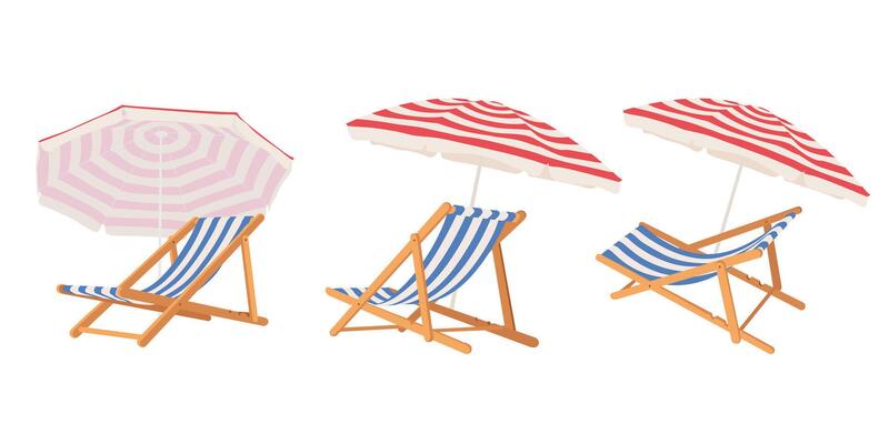 Folding beach chairs with umbrella. Hand drawn beach and garden furniture.