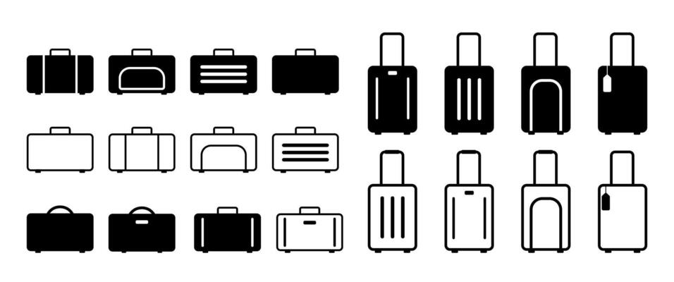 Isolated Suitcase and Baggage symbol collection, Travel Luggage graphic elements sign and icon set, Black pictogram, Holiday infographic Button, Web, Banner