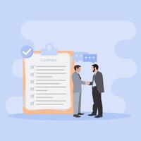 Two businessmen shaking hands with a clipboard and a check list vector