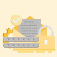 A yellow envelope with a padlock and a verification code vector