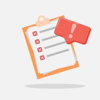 A clipboard with a check mark and a red exclamation mark vector