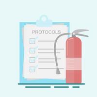 Safety protocols include checklists complete with clipboards and fire extinguishers. vector
