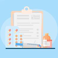 A clipboard, syringe and medicine are on a table vector