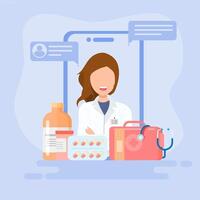 A woman in a white coat is standing next to a phone with a tablet and other items vector