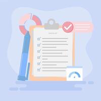 A checklist with a pen, a calculator, and a paper with a check mark vector