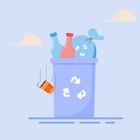 A trash can with bottles and cans in it vector