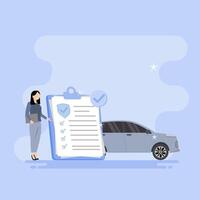 A woman is checking a car with a clipboard and a check mark vector