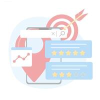Business reviews, customer feedback. Local SEO for business, search features as a marketing strategy, improving local rankings. Illustration of digital marketing and customer reviews. vector