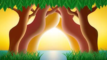 Glowing Jungle Lake Background. Colorful cartoon jungle scene with stylized trees, golden light over a calm lake, and lush greenery perfect for cheerful, nature-themed or children's content. vector