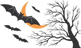 halloween background with bats and tree silhouette vector