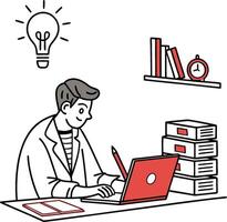 illustration a man is working on a laptop in front of a desk, bulb vector