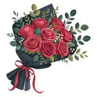 A bouquet of red roses with leaves and berries vector