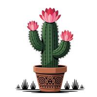 Stylized Saguaro Cactus in Patterned Pot. vector