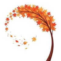 Flat Autumn Tree with Falling Leaves. vector