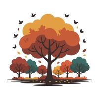 Autumn tree with autumn leaves and birds illustration vector
