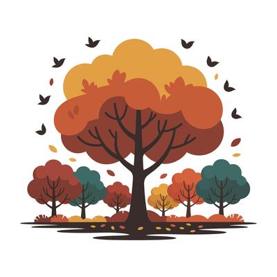 Autumn tree with autumn leaves and birds illustration
