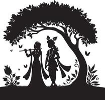 Radha and Krishna under a tree silhouette vector