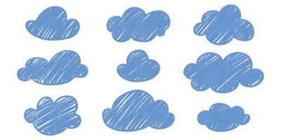 Chalk crayon cloud kid sketch assortment - delightful naive wobbly contours isolated design elements. vector