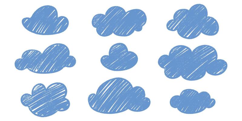 Chalk crayon cloud kid sketch assortment - delightful naive wobbly contours isolated design elements.