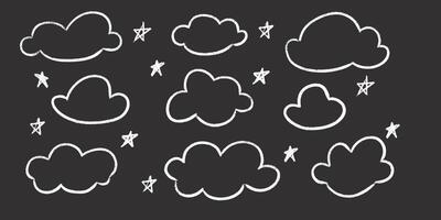 Chalk clouds and stars kid drawing set - white artistic hand drawn style crayon sketched outlines on black background. vector