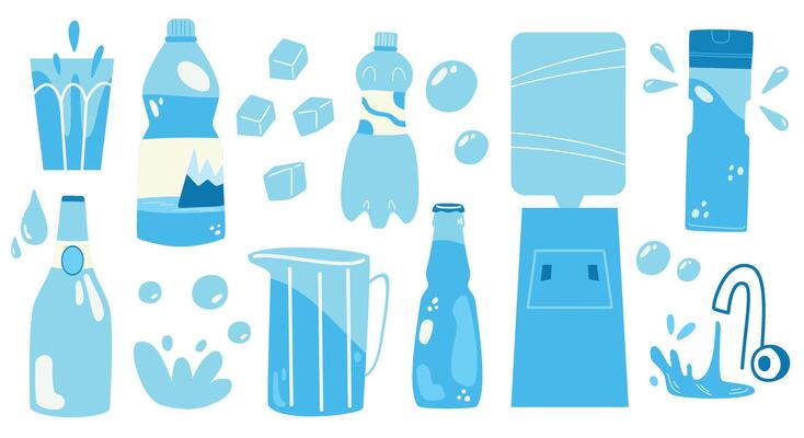 Drink more water. Various bottles, glass, flask, splashing, ice. Hand drawn illustration of water.