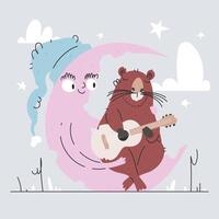 Sweet Dreams Serenade. A Cute Beaver Playing Guitar on a Moon with Sleeping Moon. vector