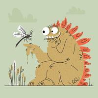 A Curious Monster and Dragonfly Encounter in a Cartoon Landscape, Playful and Sweet. vector