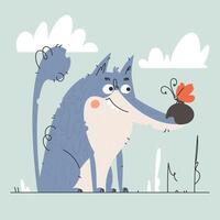 A Wolfs Serene Encounter. A Gentle Giant Meets a Butterfly in a Stylized Scene. vector