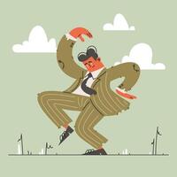 A joyful man in a striped suit dancing with enthusiasm under a cloudy sky. vector