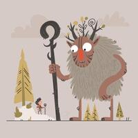 Forest Giant and Boy Encounter Illustration, A Whimsical Scene of Nature and Adventure vector