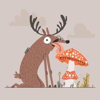 A whimsical illustration of a deer licking a mushroom with a funny expression. vector