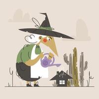 A Friendly Witch Watering Her Tiny House, Using a PigShaped Watering Can. vector