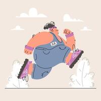 Woman running in overalls with number 25, enjoying exercise and a healthy lifestyle. vector